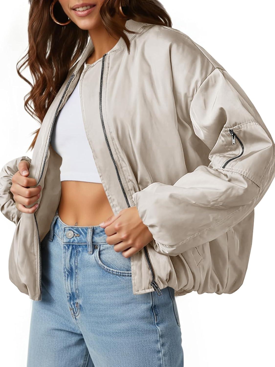 imageTankaneo Womens Zip Up Bomber Jacket Oversized Fashion Casual Fully Lined Winter Coats With PocketsKhaki