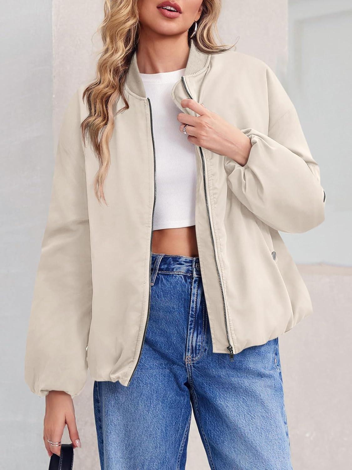 imageTankaneo Womens Zip Up Bomber Jacket Oversized Fashion Casual Fully Lined Winter Coats With PocketsKhaki