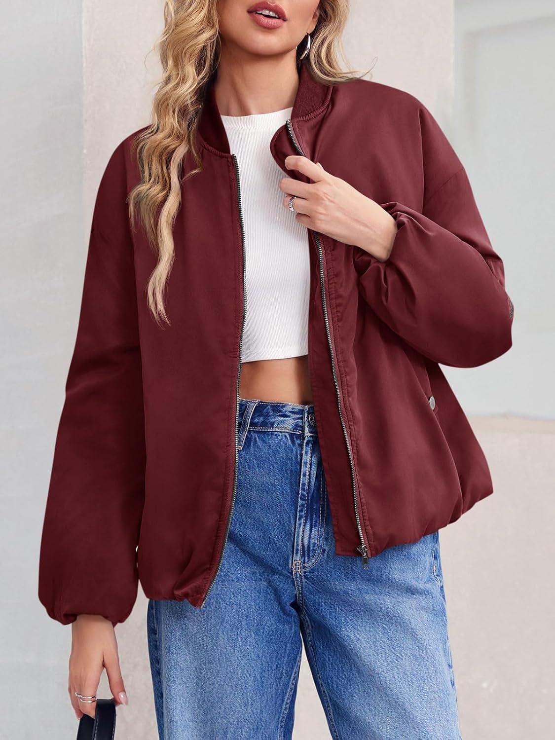 imageTankaneo Womens Zip Up Bomber Jacket Oversized Fashion Casual Fully Lined Winter Coats With PocketsWine Red