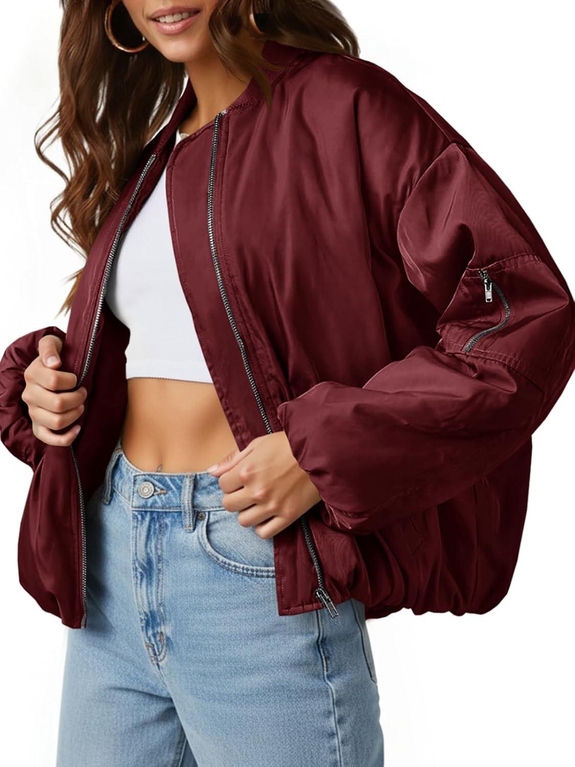 imageTankaneo Womens Zip Up Bomber Jacket Oversized Fashion Casual Fully Lined Winter Coats With PocketsWine Red