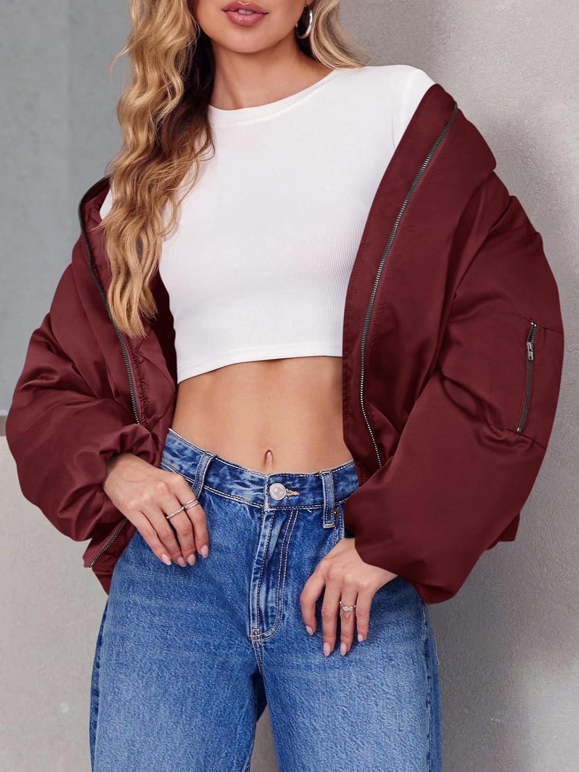 imageTankaneo Womens Zip Up Bomber Jacket Oversized Fashion Casual Fully Lined Winter Coats With PocketsWine Red