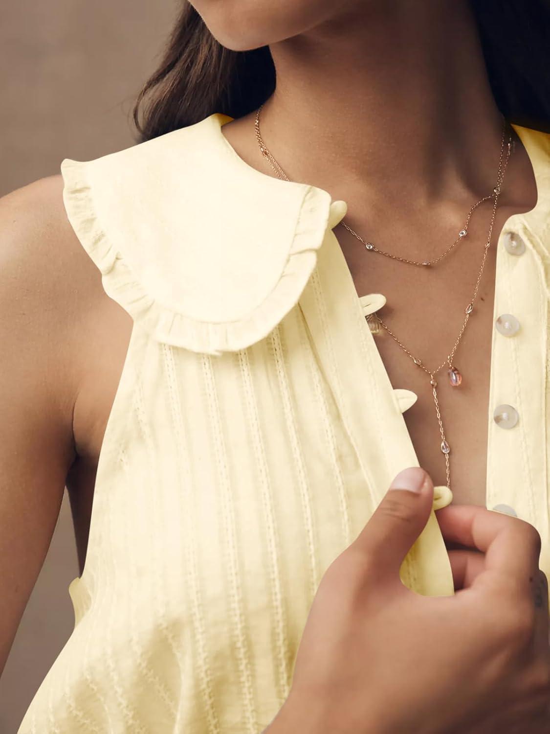 imageWomens Peter Pan Collar Sleeveless Shirt Summer Eyelet Cotton Button Down Tank Tops Casual Ruffle Flowy Blouse VestBeige
