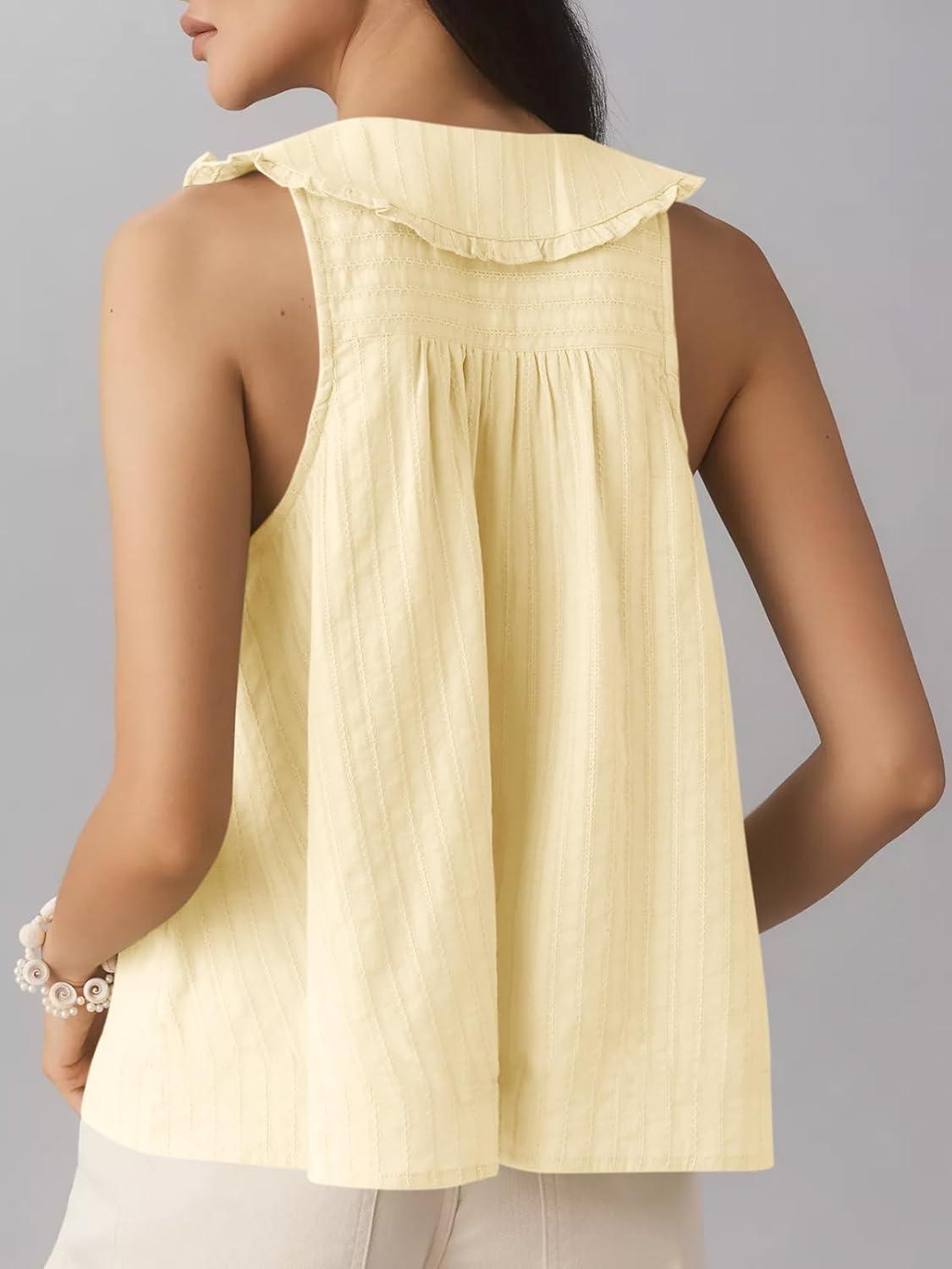 imageWomens Peter Pan Collar Sleeveless Shirt Summer Eyelet Cotton Button Down Tank Tops Casual Ruffle Flowy Blouse VestBeige