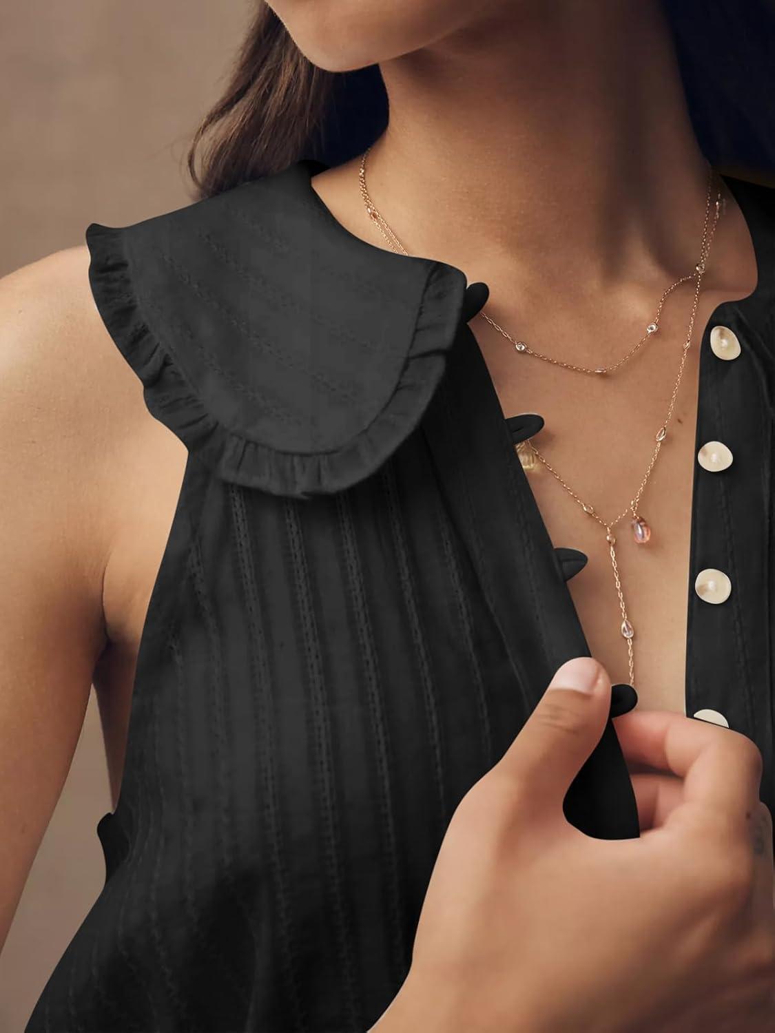imageWomens Peter Pan Collar Sleeveless Shirt Summer Eyelet Cotton Button Down Tank Tops Casual Ruffle Flowy Blouse VestBlack
