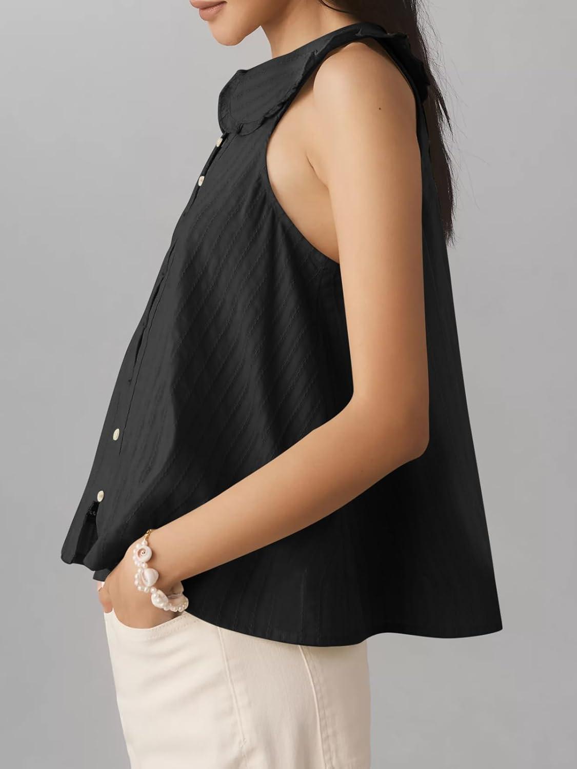 imageWomens Peter Pan Collar Sleeveless Shirt Summer Eyelet Cotton Button Down Tank Tops Casual Ruffle Flowy Blouse VestBlack
