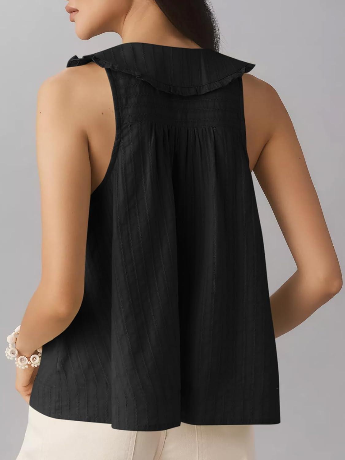 imageWomens Peter Pan Collar Sleeveless Shirt Summer Eyelet Cotton Button Down Tank Tops Casual Ruffle Flowy Blouse VestBlack