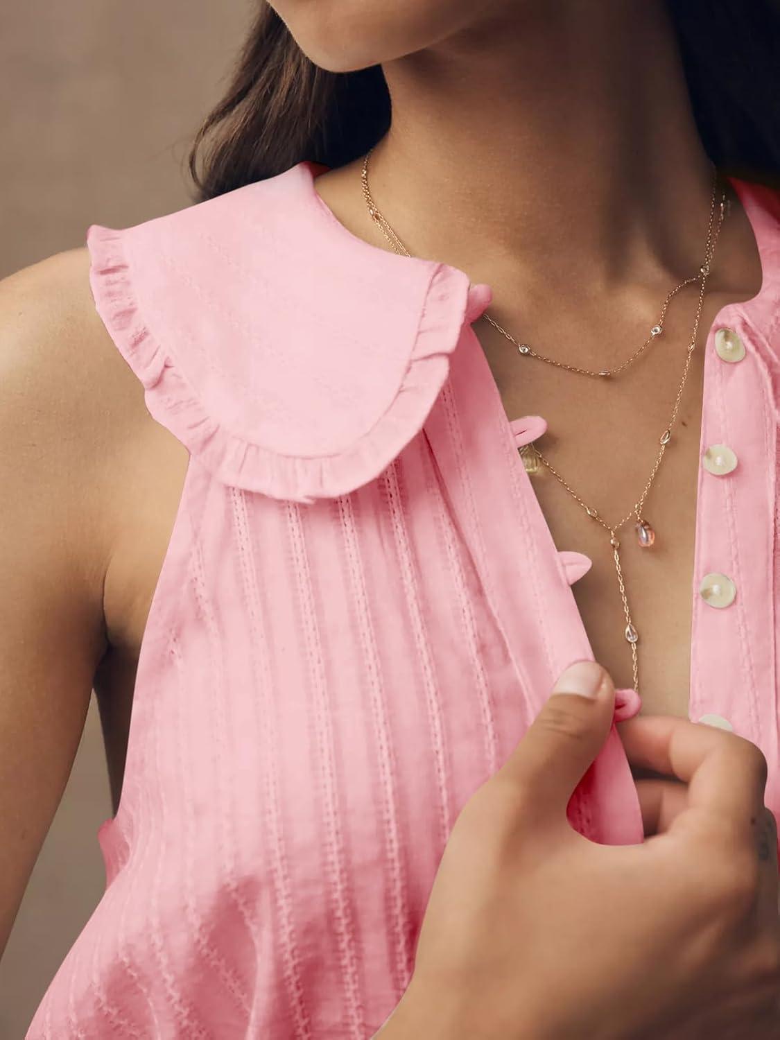 imageWomens Peter Pan Collar Sleeveless Shirt Summer Eyelet Cotton Button Down Tank Tops Casual Ruffle Flowy Blouse VestLight Pink