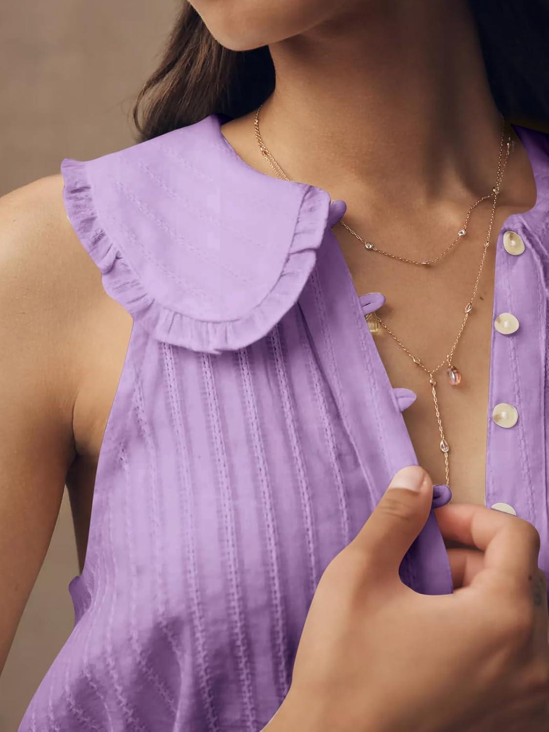 imageWomens Peter Pan Collar Sleeveless Shirt Summer Eyelet Cotton Button Down Tank Tops Casual Ruffle Flowy Blouse VestLight Purple