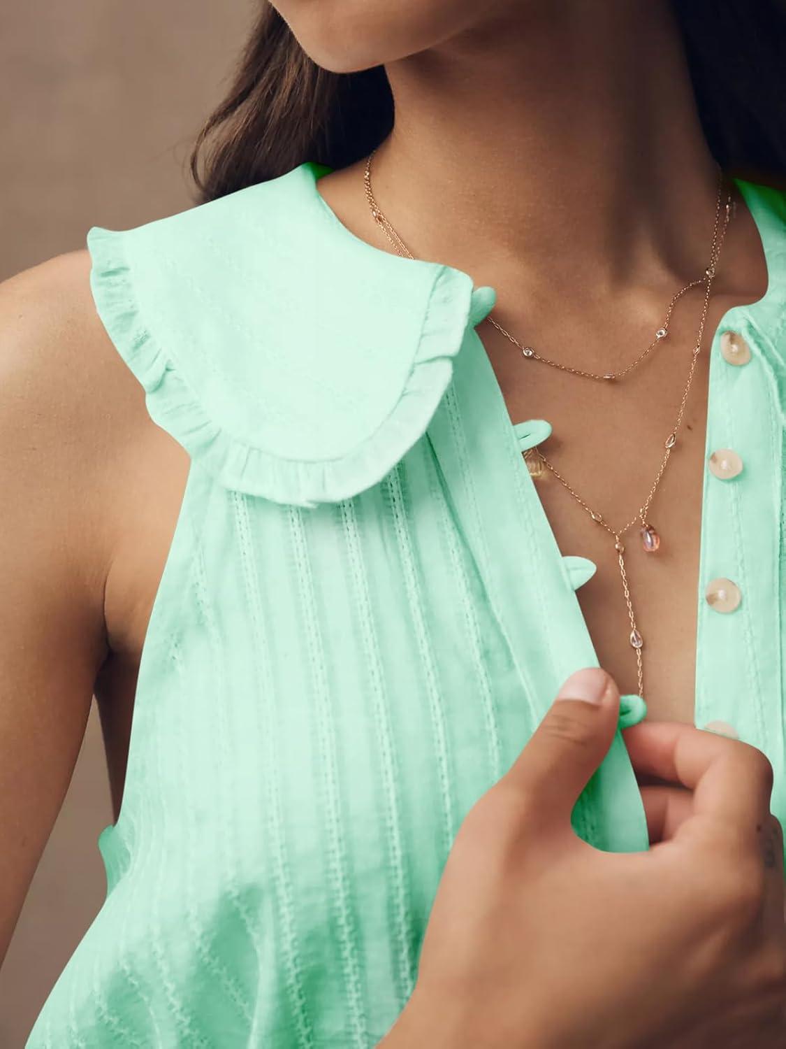 imageWomens Peter Pan Collar Sleeveless Shirt Summer Eyelet Cotton Button Down Tank Tops Casual Ruffle Flowy Blouse VestMint
