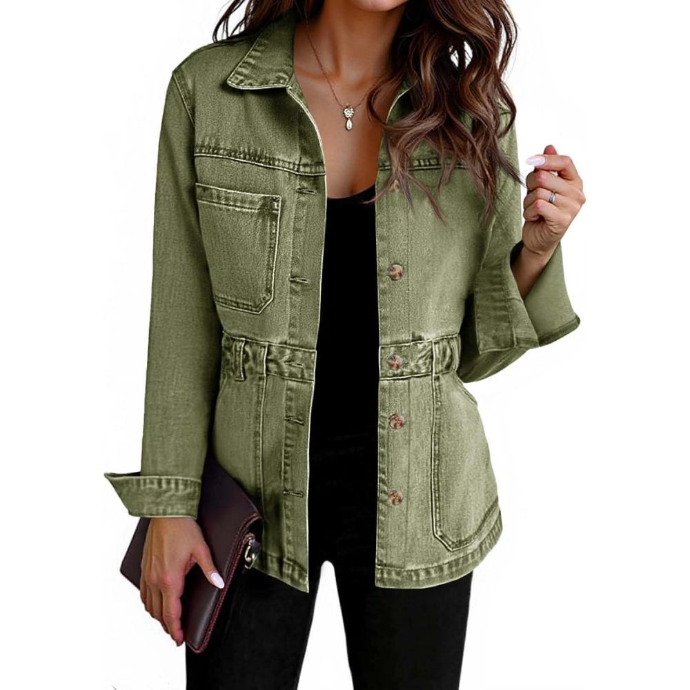 imageTankaneo Denim Jacket for Women Distressed Jean Jacket Button Down Oversized Shacket with Pockets 2025Army Green