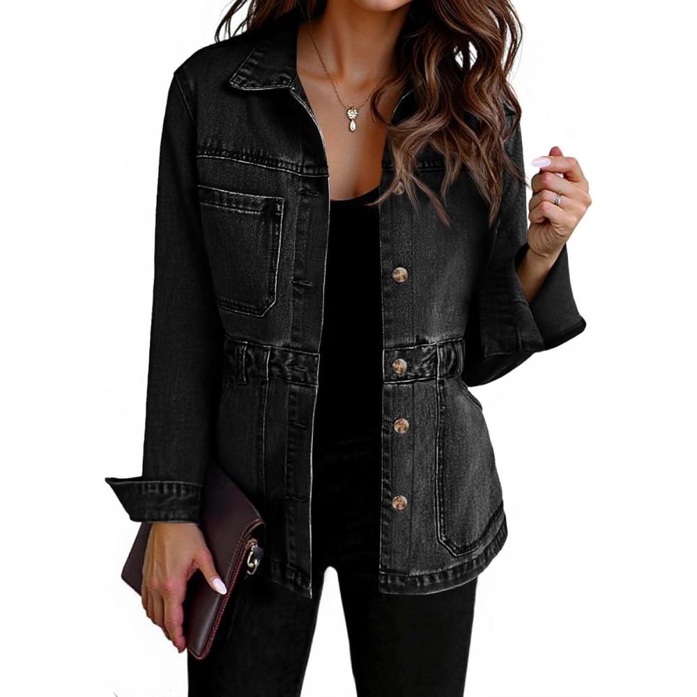 imageTankaneo Denim Jacket for Women Distressed Jean Jacket Button Down Oversized Shacket with Pockets 2025Black