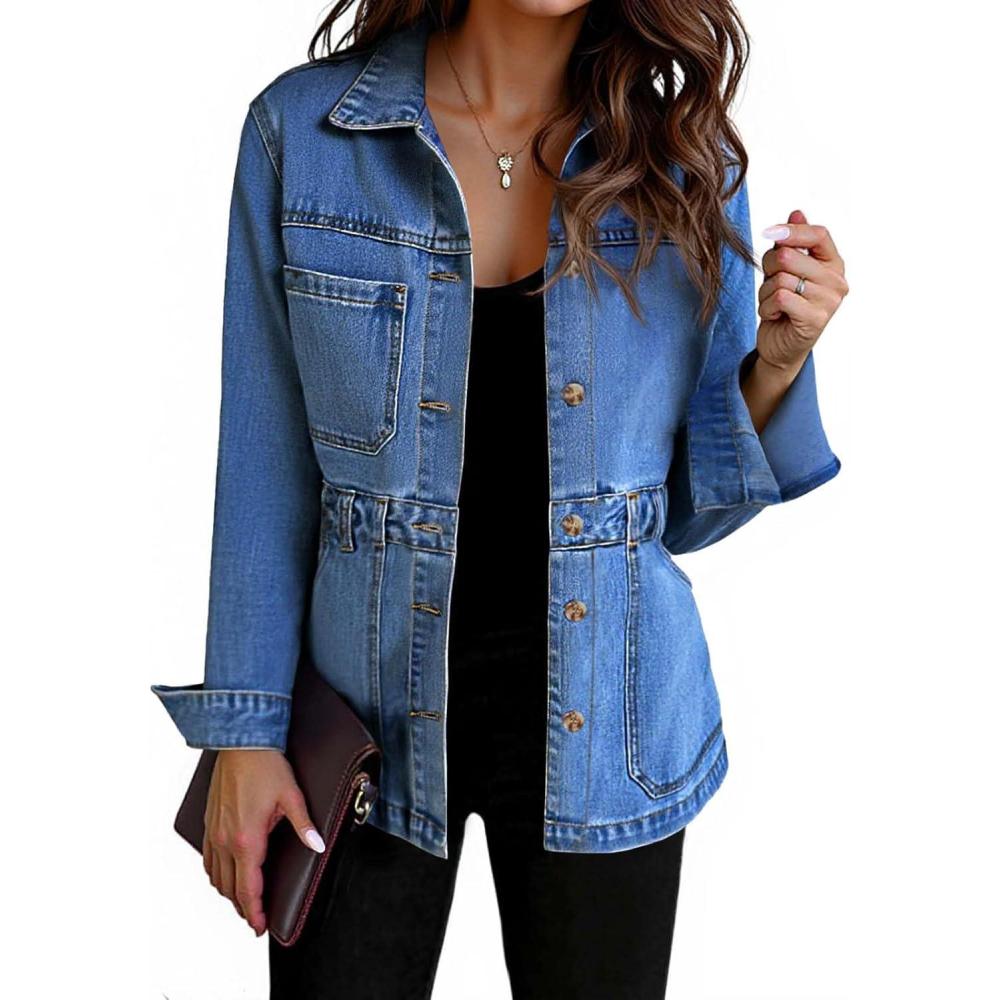 imageTankaneo Denim Jacket for Women Distressed Jean Jacket Button Down Oversized Shacket with Pockets 2025Blue