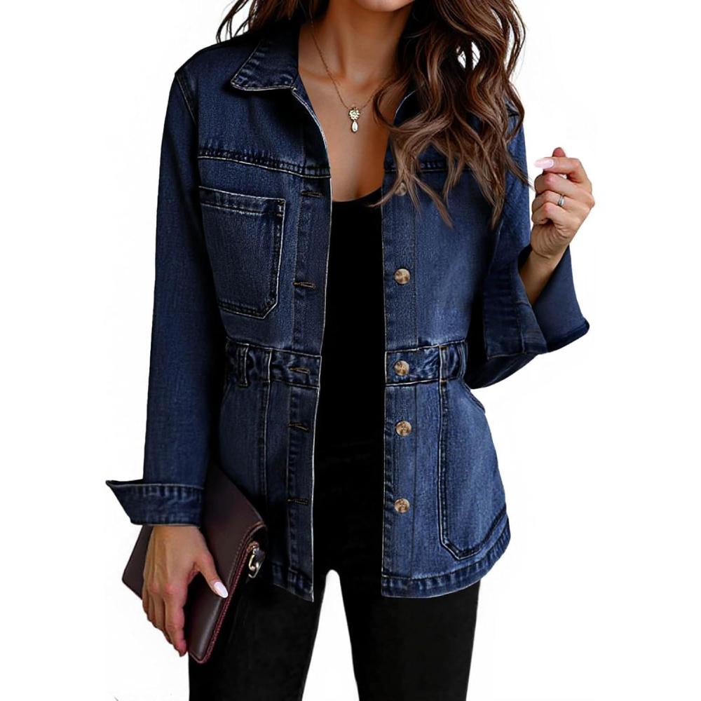 imageTankaneo Denim Jacket for Women Distressed Jean Jacket Button Down Oversized Shacket with Pockets 2025Dark Blue