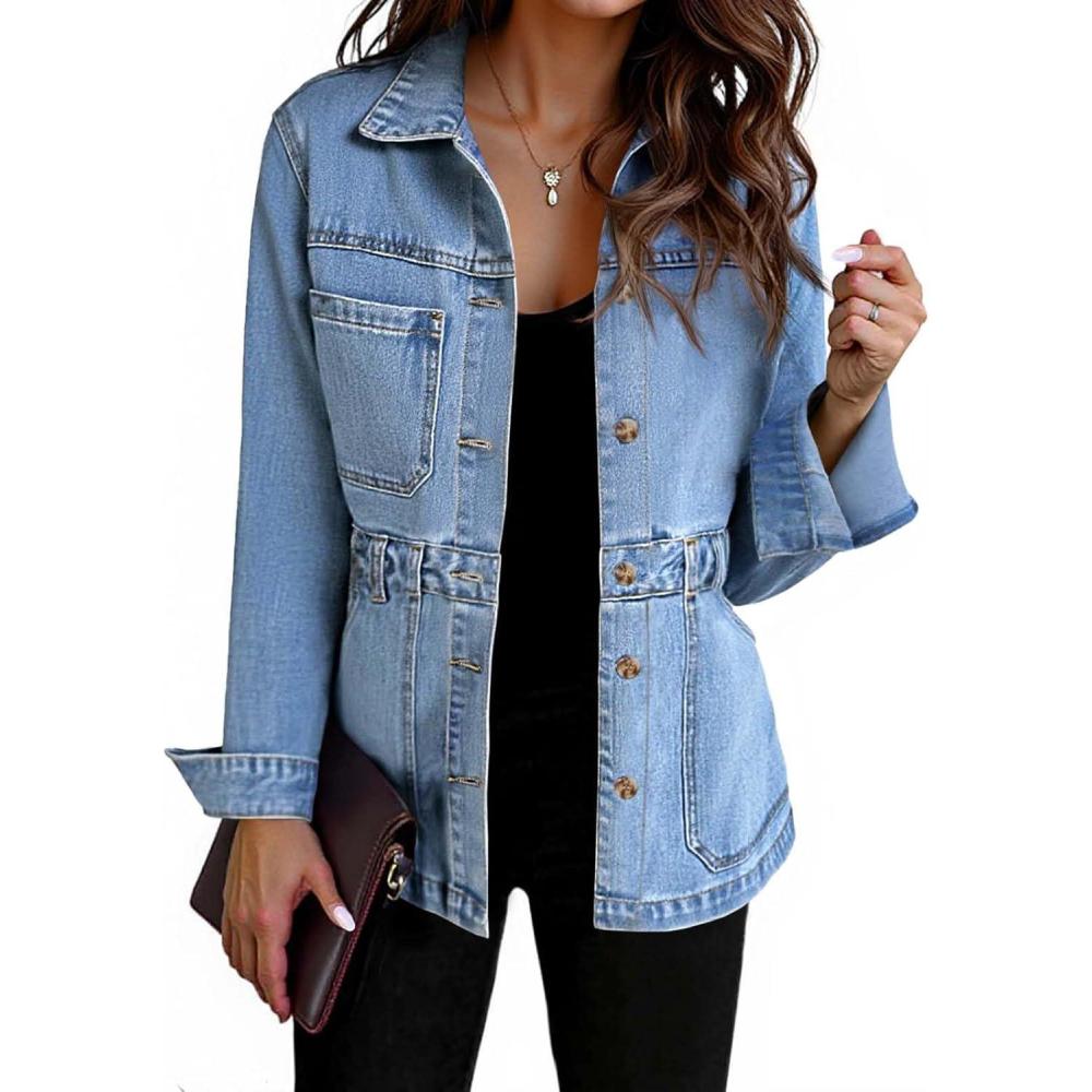 imageTankaneo Denim Jacket for Women Distressed Jean Jacket Button Down Oversized Shacket with Pockets 2025Light Blue