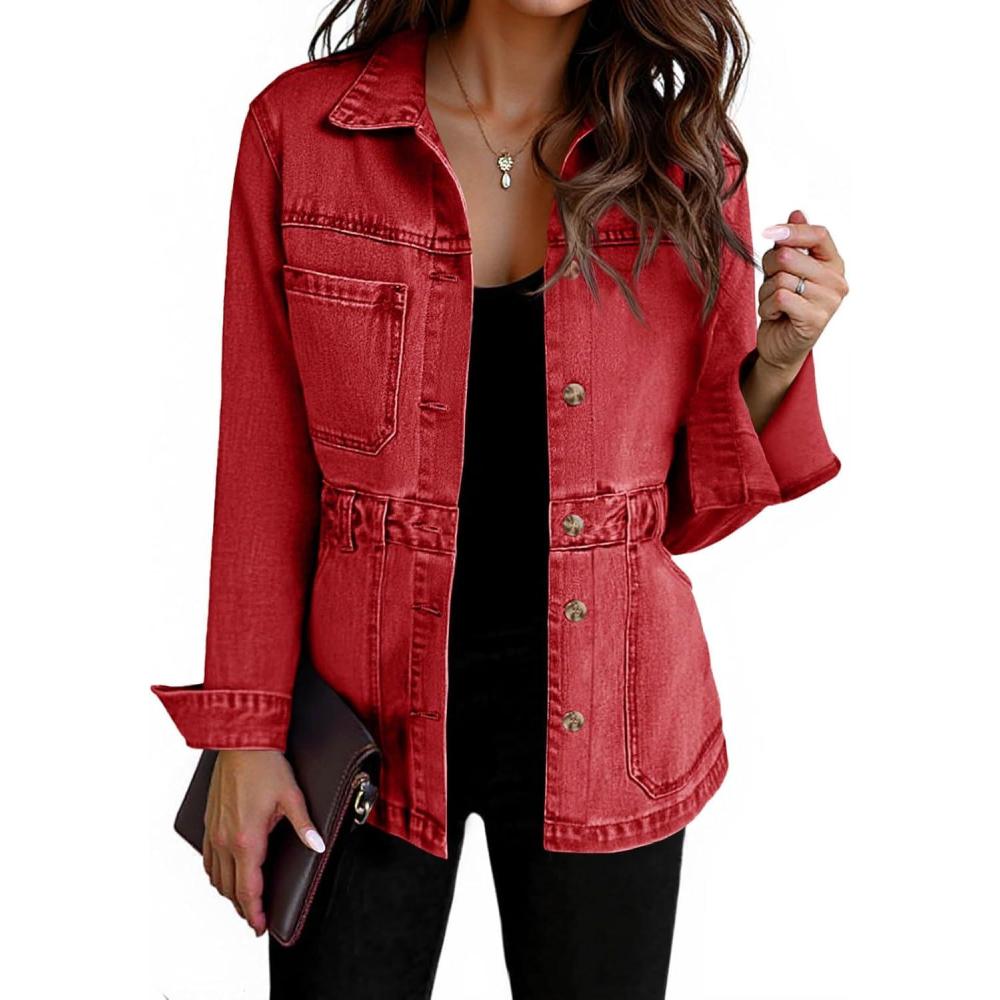 imageTankaneo Denim Jacket for Women Distressed Jean Jacket Button Down Oversized Shacket with Pockets 2025Red