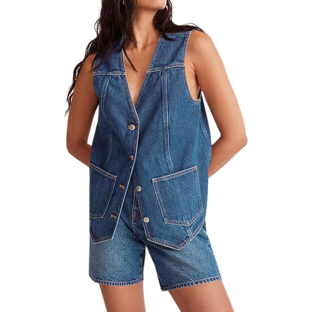 imageTankaneo Denim Vest for Women Casual V Neck Button Down Sleeveless Jean JacketBlue