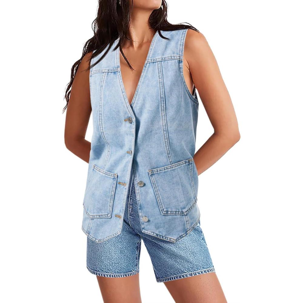 imageTankaneo Denim Vest for Women Casual V Neck Button Down Sleeveless Jean JacketLight Blue