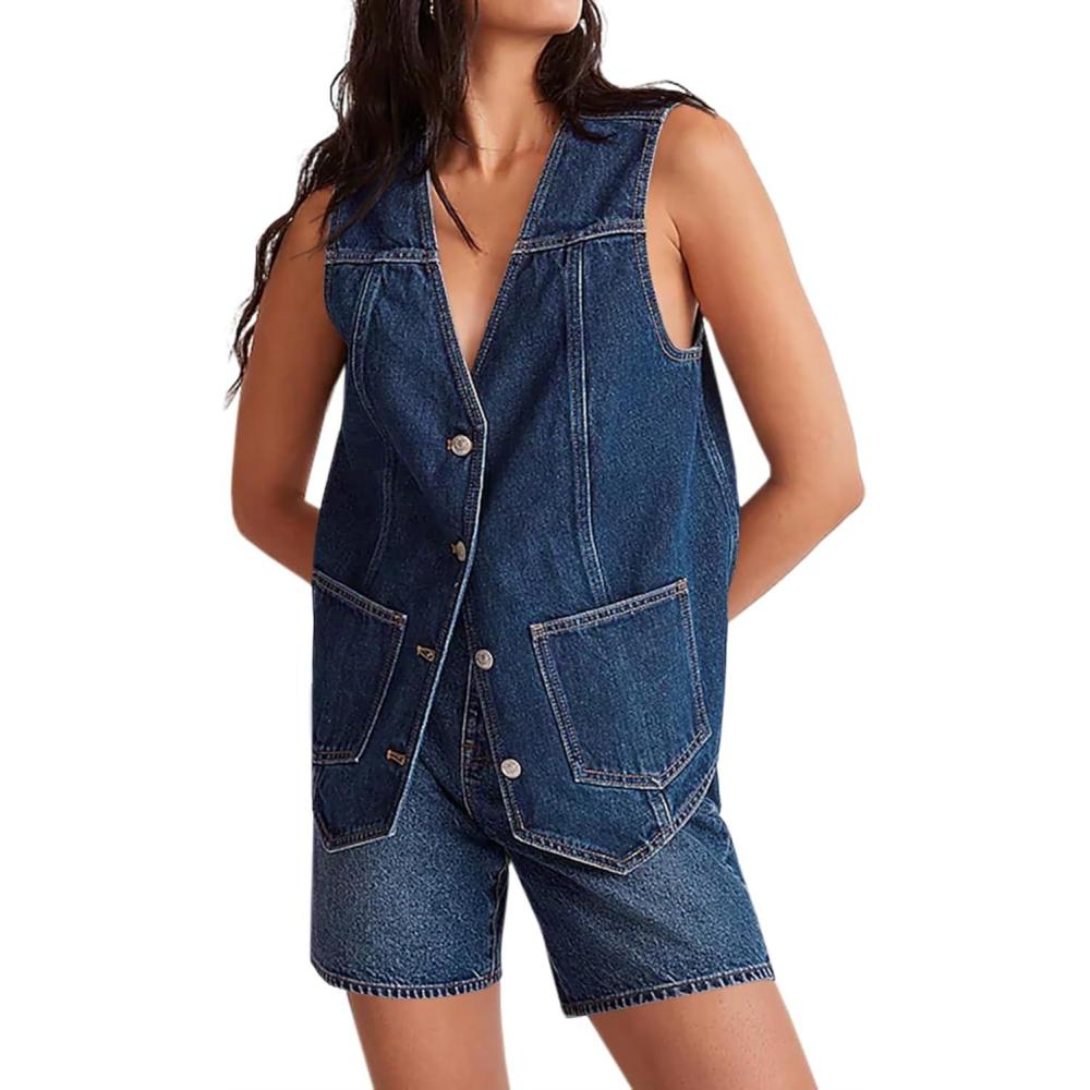 imageTankaneo Denim Vest for Women Casual V Neck Button Down Sleeveless Jean JacketNavy Blue