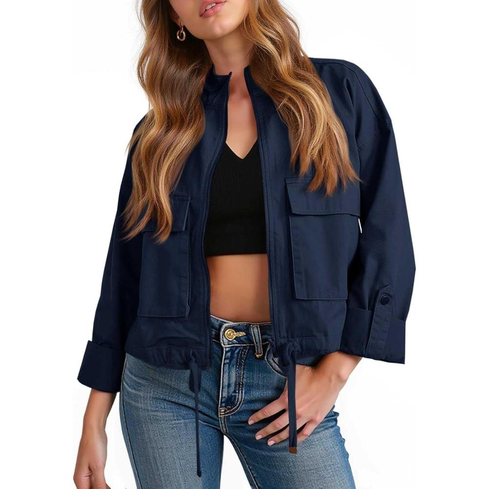 imageTankaneo Women Casual Cropped Jackets Zip Up Lightweight Military Safari Short Utility Coat with PocketsDark Blue