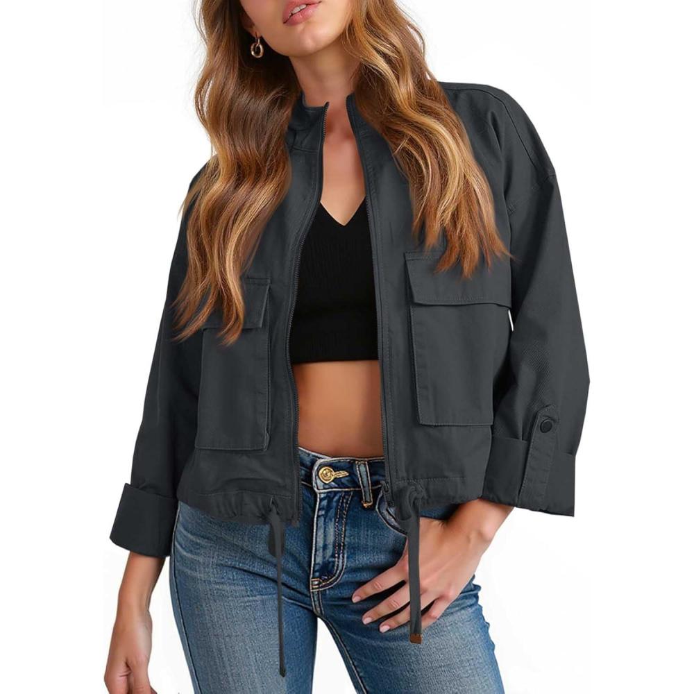 imageTankaneo Women Casual Cropped Jackets Zip Up Lightweight Military Safari Short Utility Coat with PocketsDark Gray