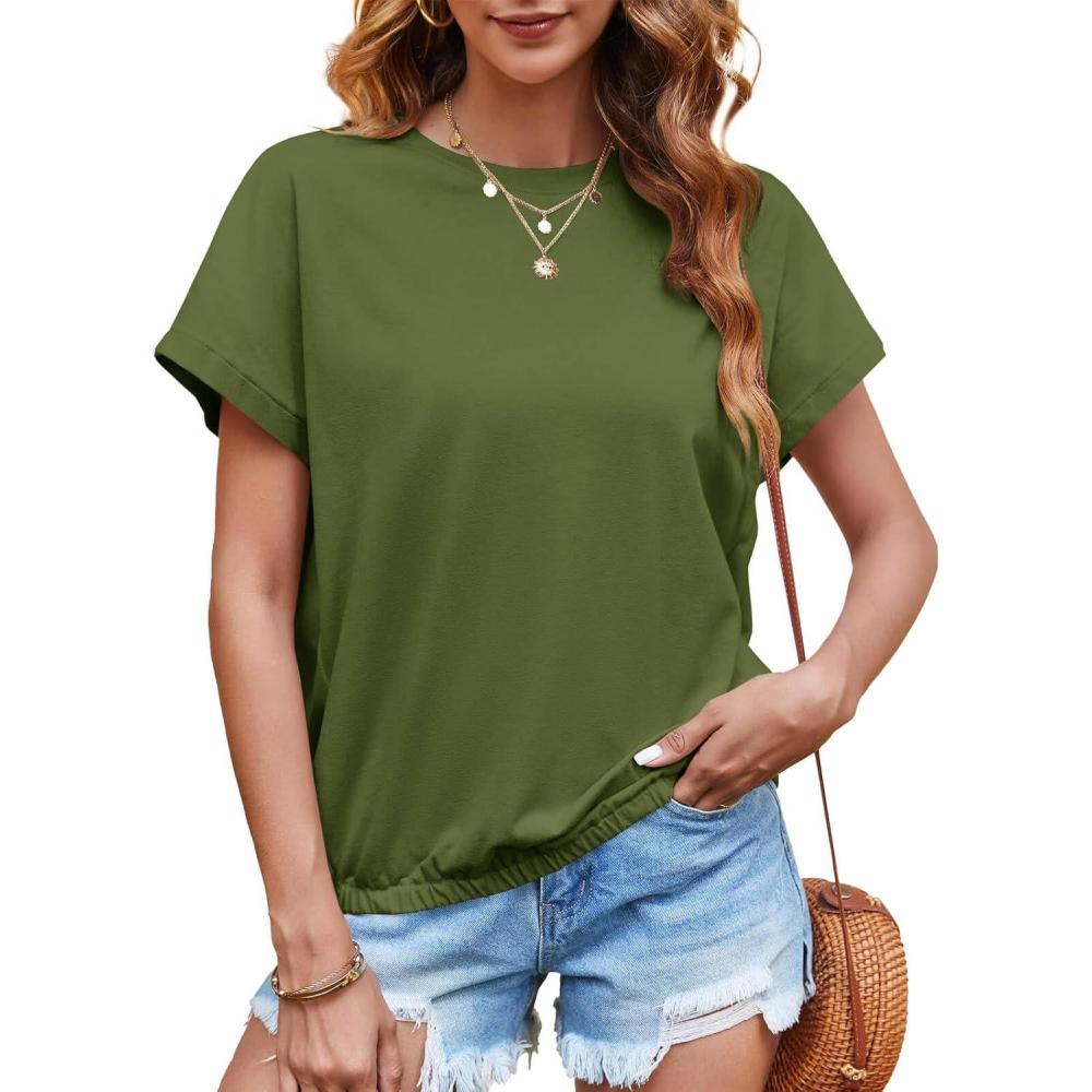 imageTankaneo Women Short Cap Sleeve Tops Summer Casual Banded Sweatshirt Crew Neck Loose Fit TShirtsArmy Green