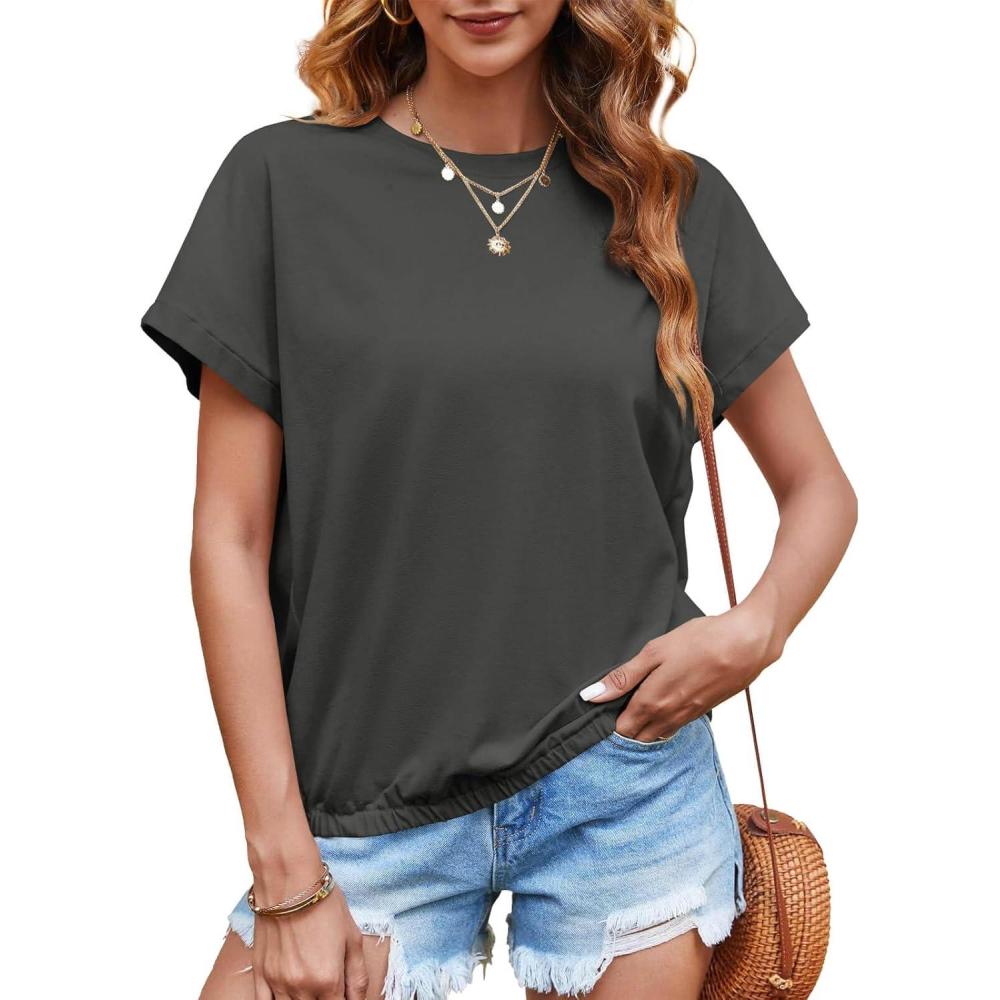 imageTankaneo Women Short Cap Sleeve Tops Summer Casual Banded Sweatshirt Crew Neck Loose Fit TShirtsGrey