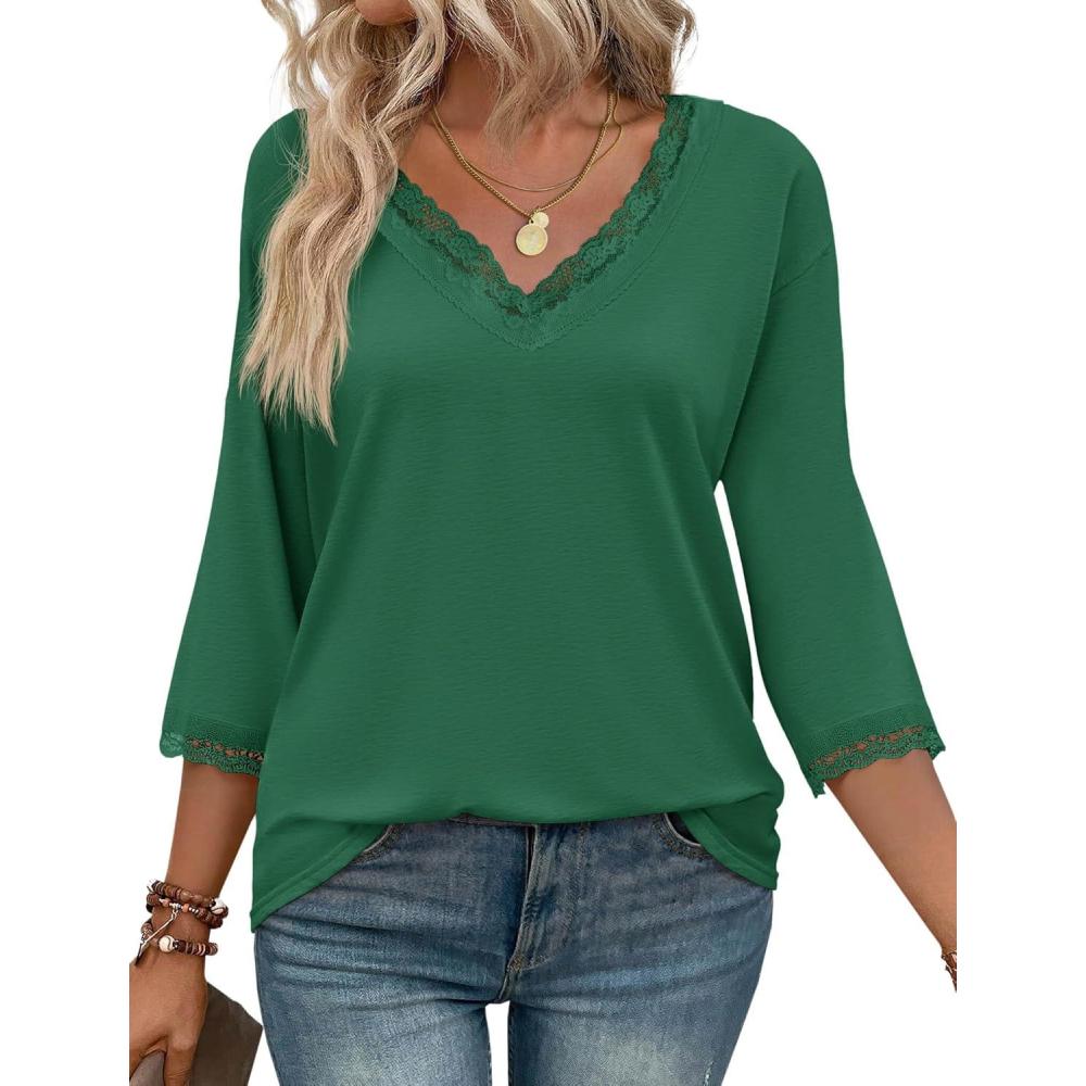 imageTankaneo Womens 34 Length Sleeve Tops Lace V Neck TShirts Dressy Casual Loose Fit Tunic ShirtsGreen