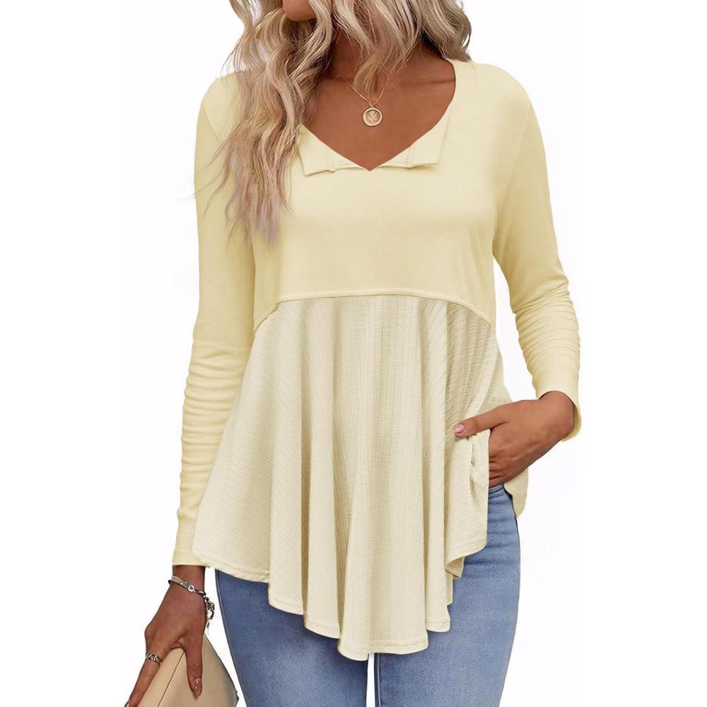 imageTankaneo Womens Babydoll Tops V Neck Long Sleeve Shirts Peplum Tunic Top Flowy Work Casual Blouses Loose Fit 2024Apricot