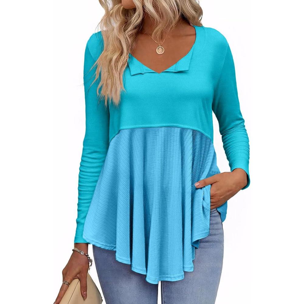 imageTankaneo Womens Babydoll Tops V Neck Long Sleeve Shirts Peplum Tunic Top Flowy Work Casual Blouses Loose Fit 2024Blue