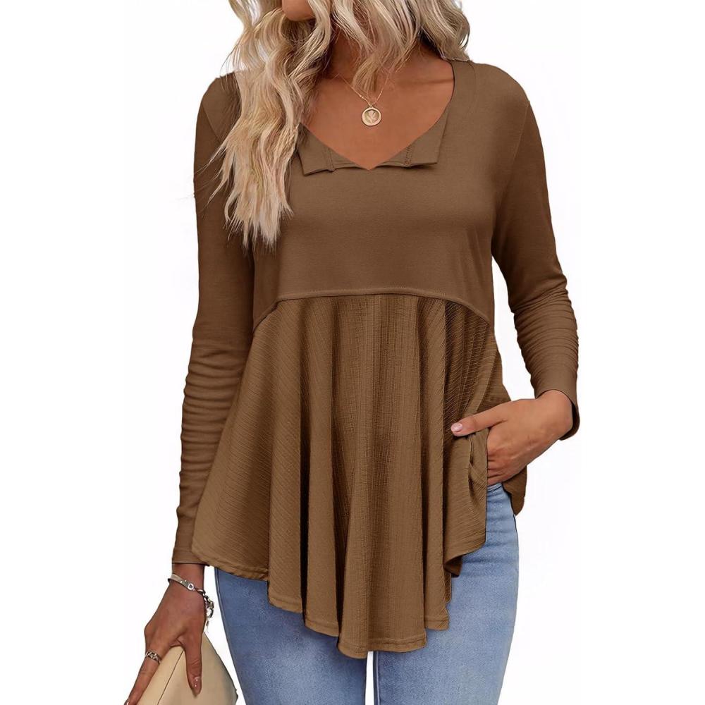 imageTankaneo Womens Babydoll Tops V Neck Long Sleeve Shirts Peplum Tunic Top Flowy Work Casual Blouses Loose Fit 2024Coffee
