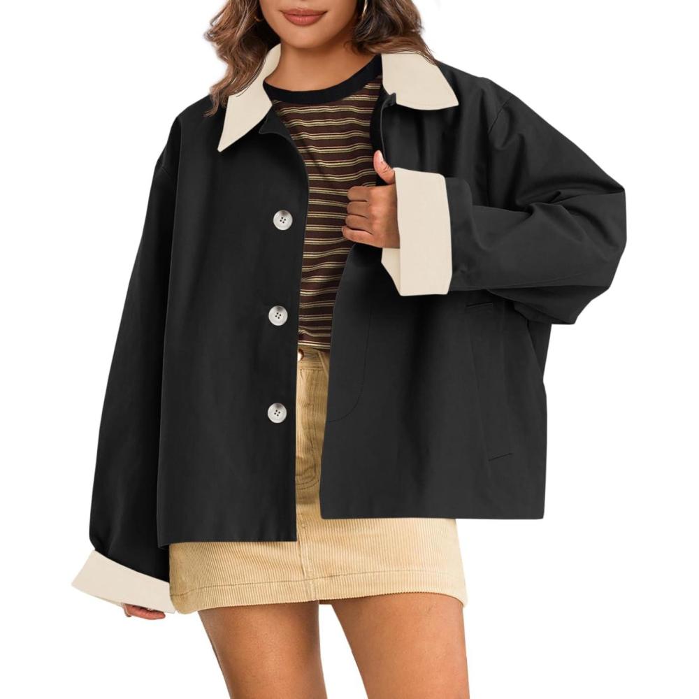 imageTankaneo Womens Barn Jackets Lightweight Casual Oversized Contrast Collar Jacket Crop Trench Coat Outerwear 2025 Fall FashionBlack