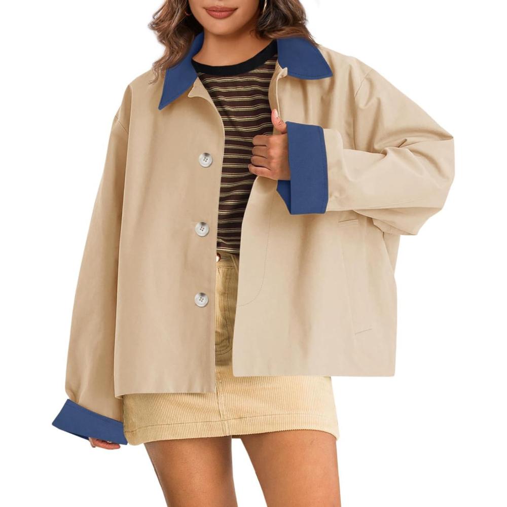 imageTankaneo Womens Barn Jackets Lightweight Casual Oversized Contrast Collar Jacket Crop Trench Coat Outerwear 2025 Fall FashionKhaki