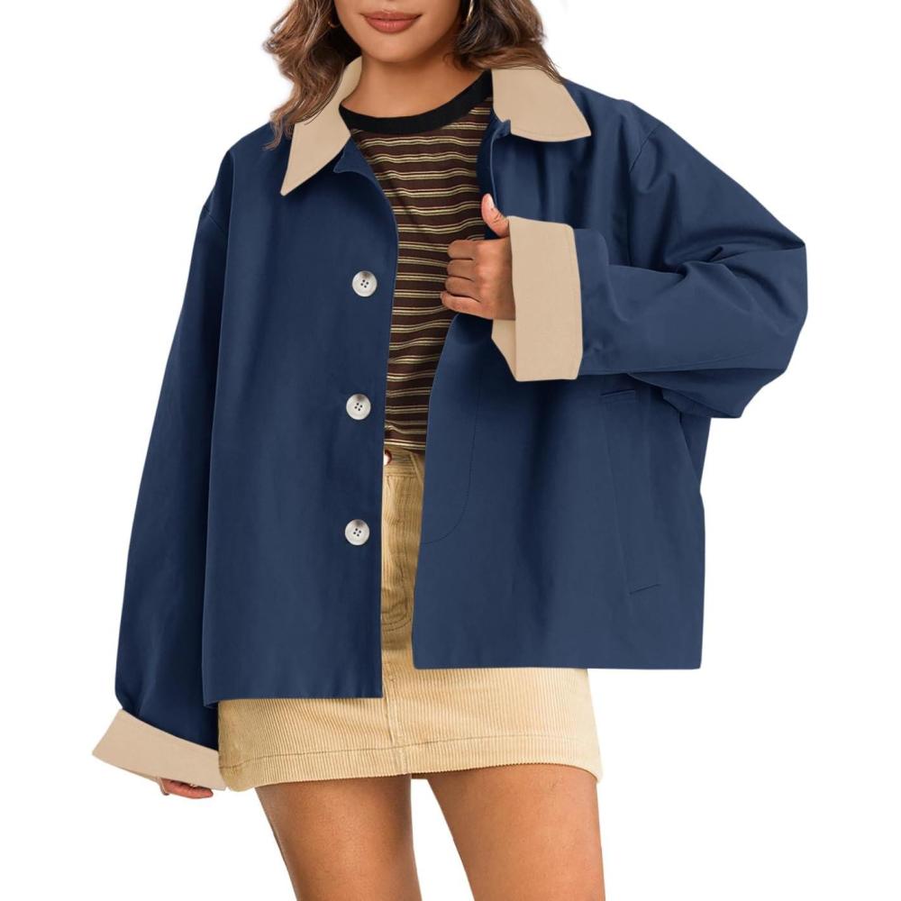 imageTankaneo Womens Barn Jackets Lightweight Casual Oversized Contrast Collar Jacket Crop Trench Coat Outerwear 2025 Fall FashionNavy