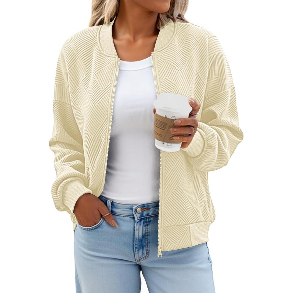 imageTankaneo Womens Bomber Jacket Zip Up Casual Jackets Lightweight Trendy Outerwear Coat with PocketsBeige