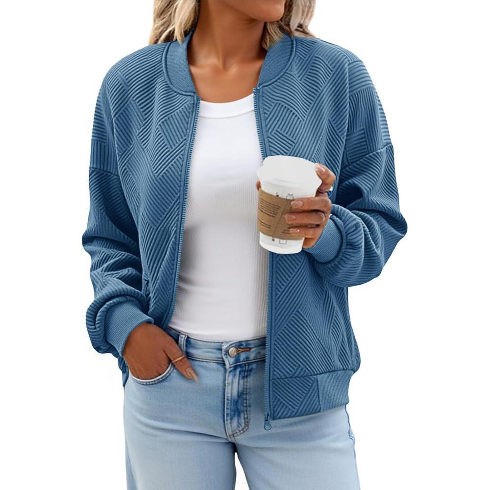 imageTankaneo Womens Bomber Jacket Zip Up Casual Jackets Lightweight Trendy Outerwear Coat with PocketsBlue