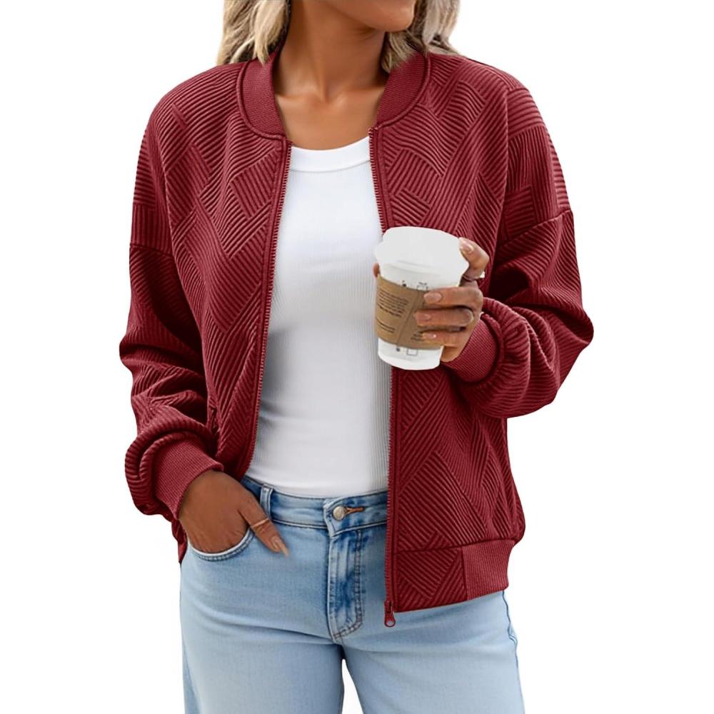 imageTankaneo Womens Bomber Jacket Zip Up Casual Jackets Lightweight Trendy Outerwear Coat with PocketsBurgundy