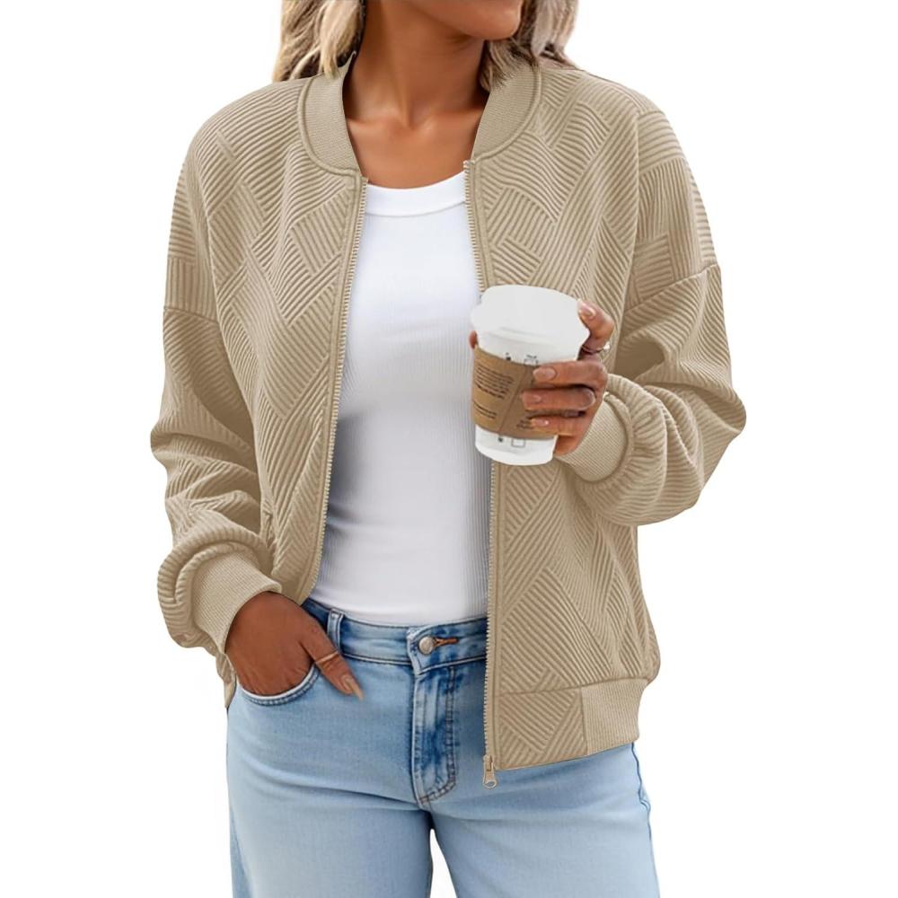 imageTankaneo Womens Bomber Jacket Zip Up Casual Jackets Lightweight Trendy Outerwear Coat with PocketsKhaki