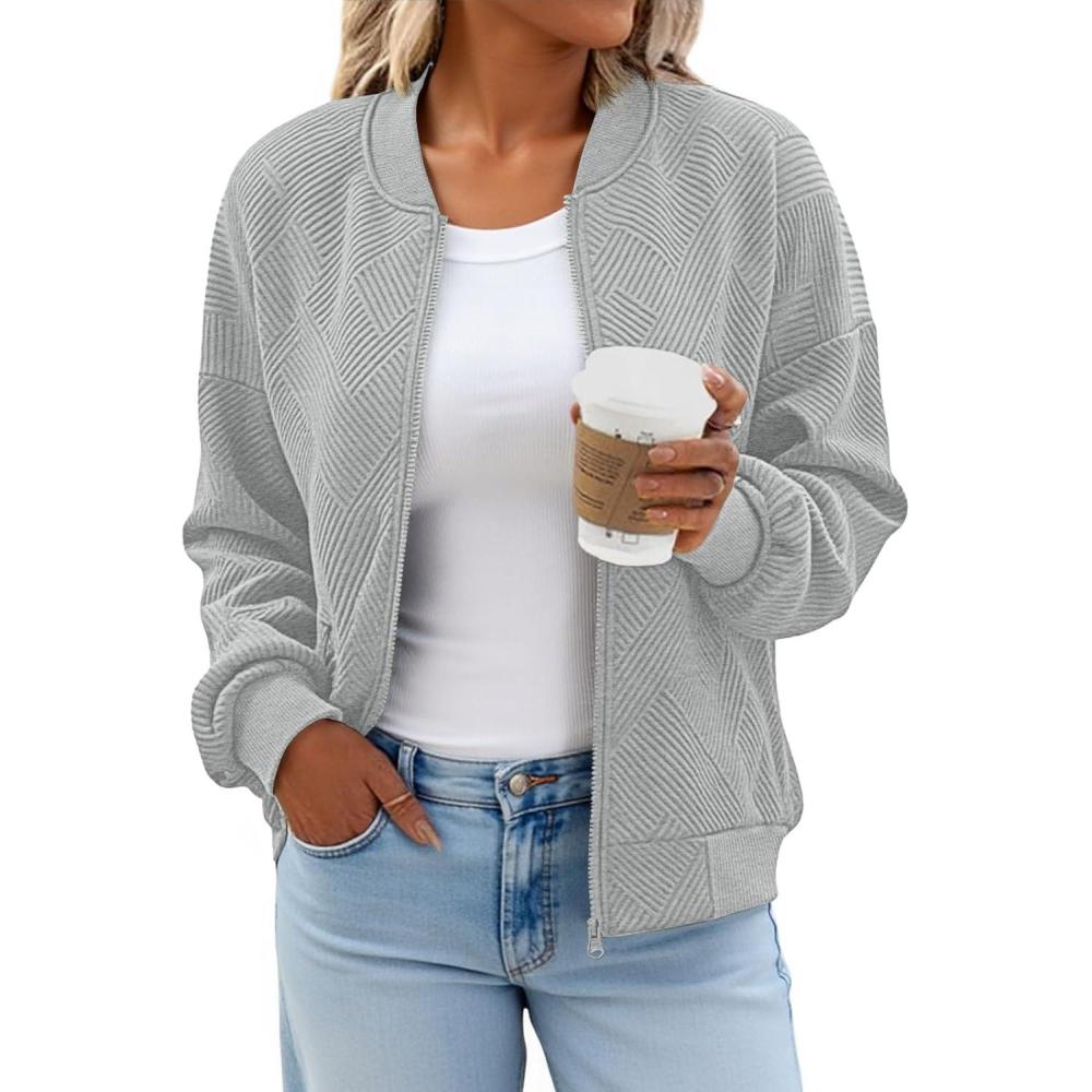 imageTankaneo Womens Bomber Jacket Zip Up Casual Jackets Lightweight Trendy Outerwear Coat with PocketsLight Grey