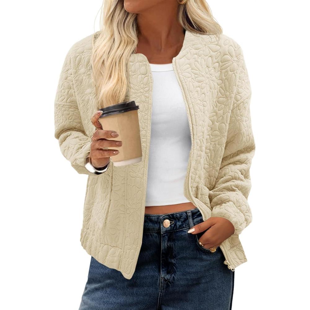 imageTankaneo Womens Bomber Jackets Lightweight Zip Up Fashion Cute Jacquard Coats Fall Varsity jacketApricot