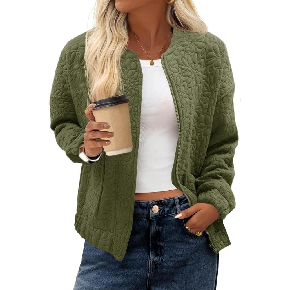 imageTankaneo Womens Bomber Jackets Lightweight Zip Up Fashion Cute Jacquard Coats Fall Varsity jacketArmy Green