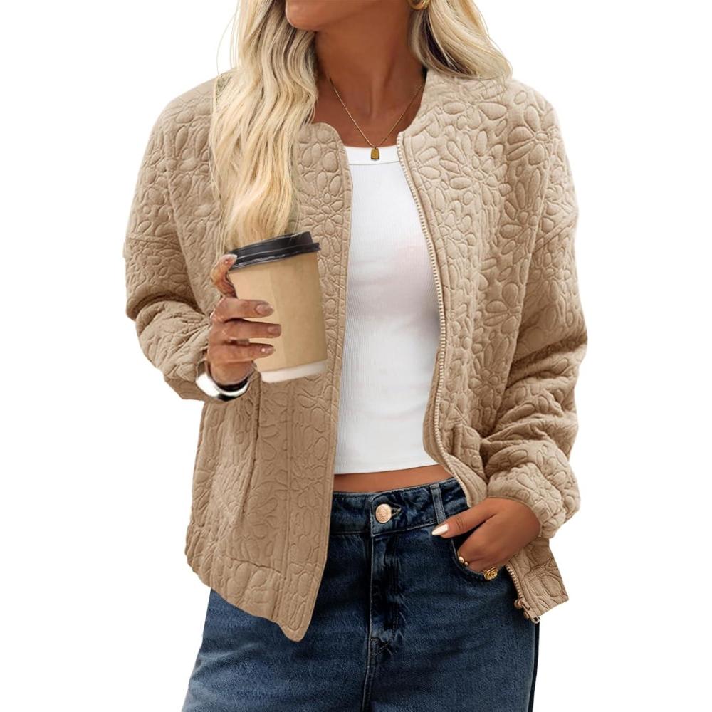 imageTankaneo Womens Bomber Jackets Lightweight Zip Up Fashion Cute Jacquard Coats Fall Varsity jacketBeige