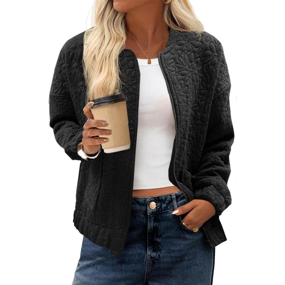 imageTankaneo Womens Bomber Jackets Lightweight Zip Up Fashion Cute Jacquard Coats Fall Varsity jacketBlack