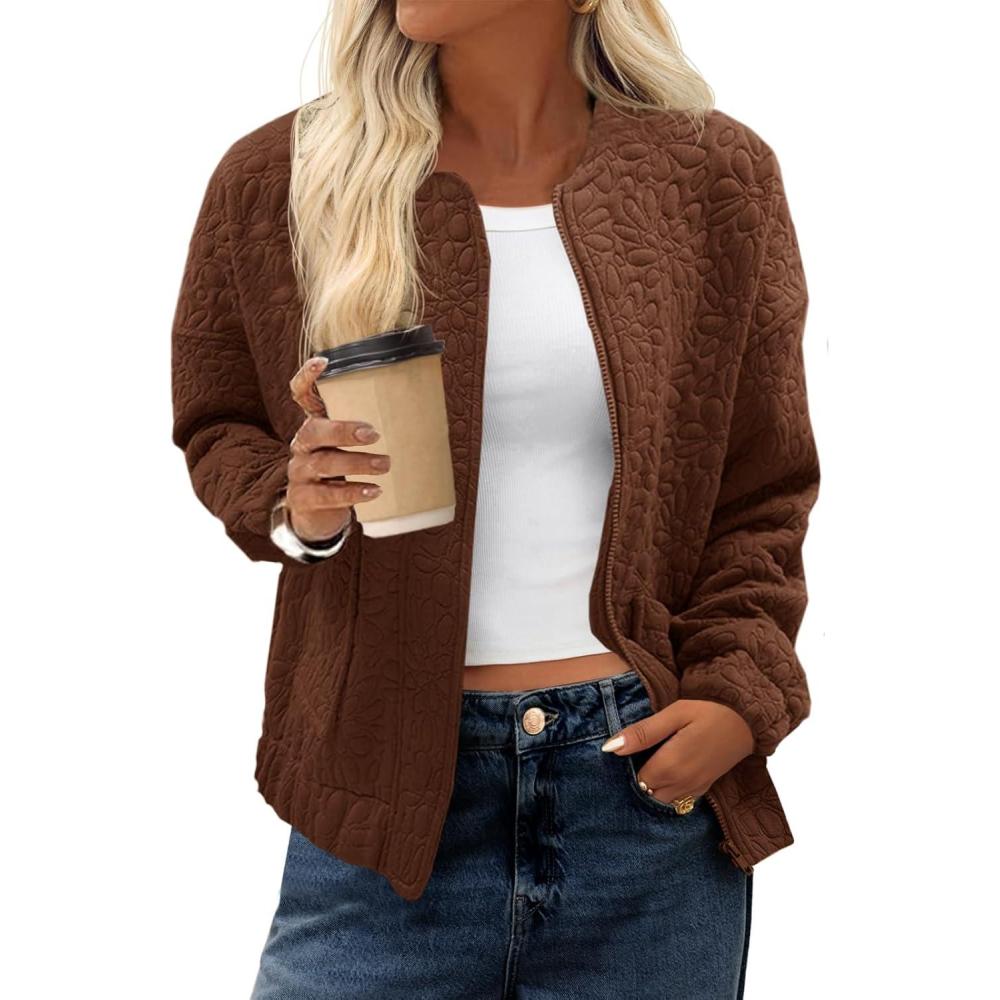 imageTankaneo Womens Bomber Jackets Lightweight Zip Up Fashion Cute Jacquard Coats Fall Varsity jacketBrown