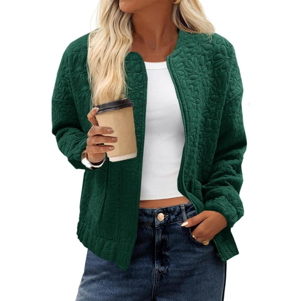 imageTankaneo Womens Bomber Jackets Lightweight Zip Up Fashion Cute Jacquard Coats Fall Varsity jacketDark Green