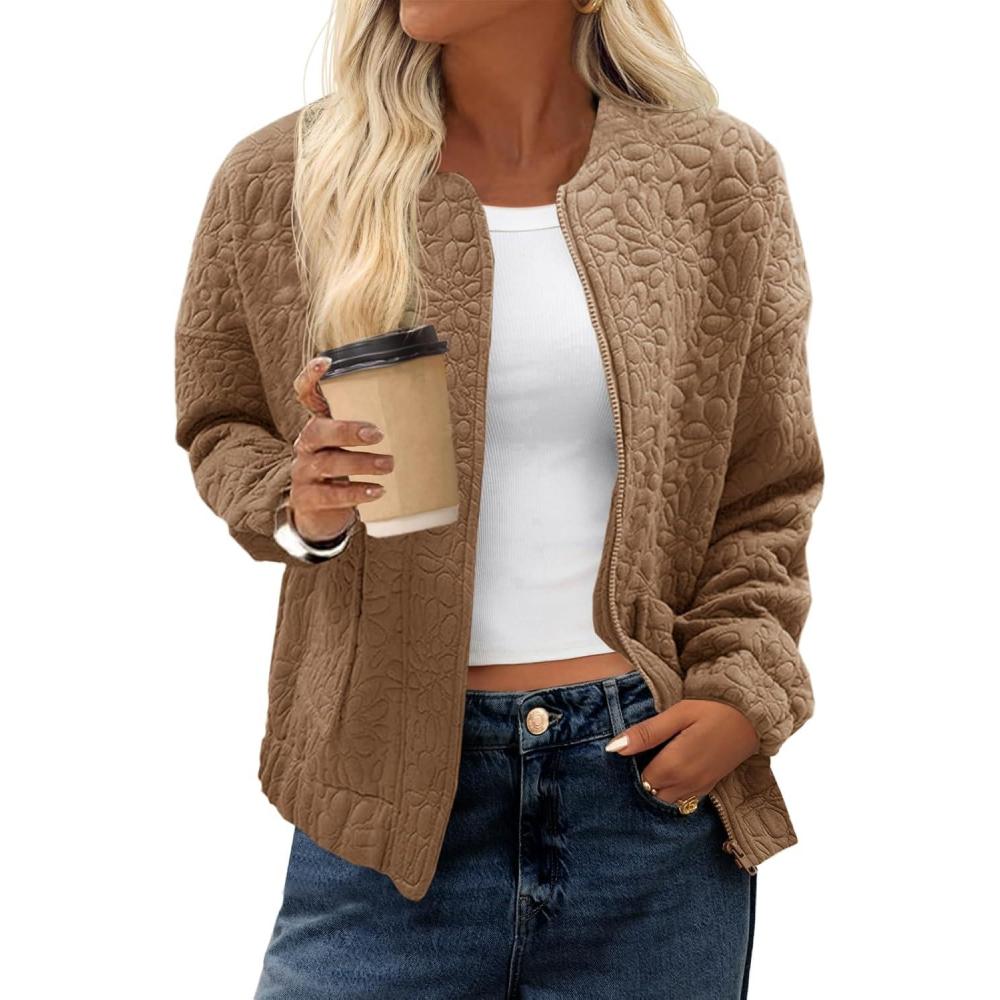 imageTankaneo Womens Bomber Jackets Lightweight Zip Up Fashion Cute Jacquard Coats Fall Varsity jacketDark Khaki