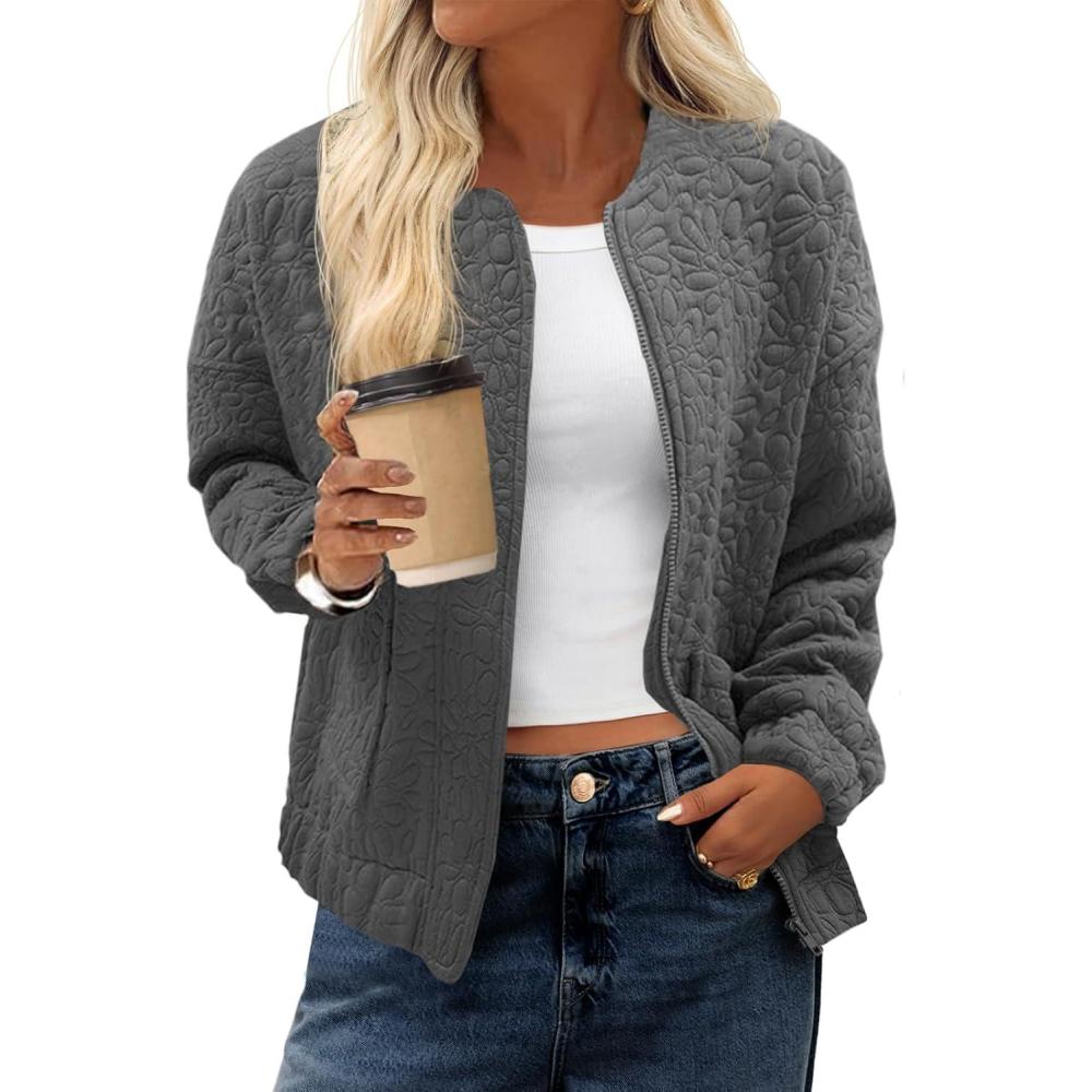 imageTankaneo Womens Bomber Jackets Lightweight Zip Up Fashion Cute Jacquard Coats Fall Varsity jacketGrey