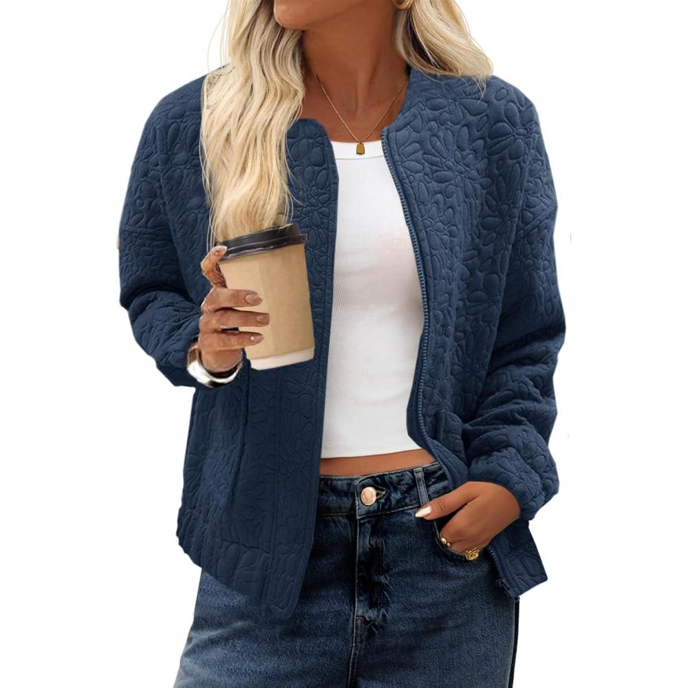 imageTankaneo Womens Bomber Jackets Lightweight Zip Up Fashion Cute Jacquard Coats Fall Varsity jacketNavy