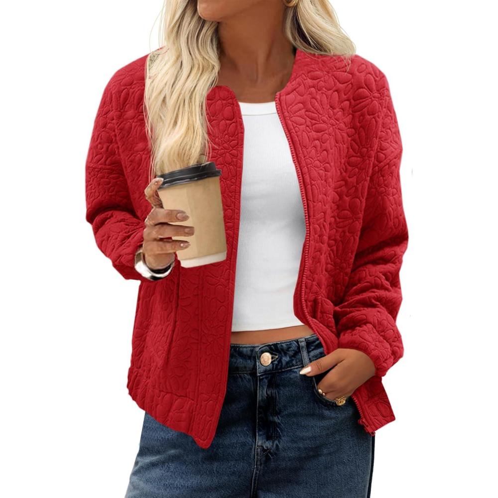 imageTankaneo Womens Bomber Jackets Lightweight Zip Up Fashion Cute Jacquard Coats Fall Varsity jacketRed