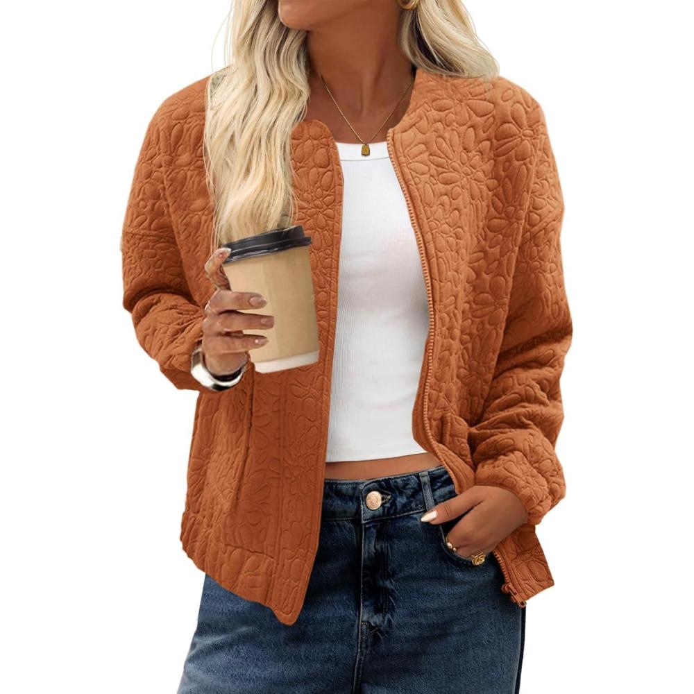 imageTankaneo Womens Bomber Jackets Lightweight Zip Up Fashion Cute Jacquard Coats Fall Varsity jacketRedbrown