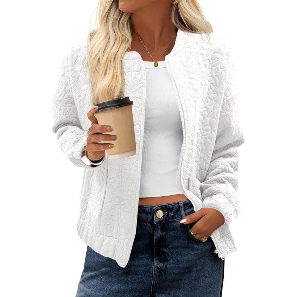 imageTankaneo Womens Bomber Jackets Lightweight Zip Up Fashion Cute Jacquard Coats Fall Varsity jacketWhite